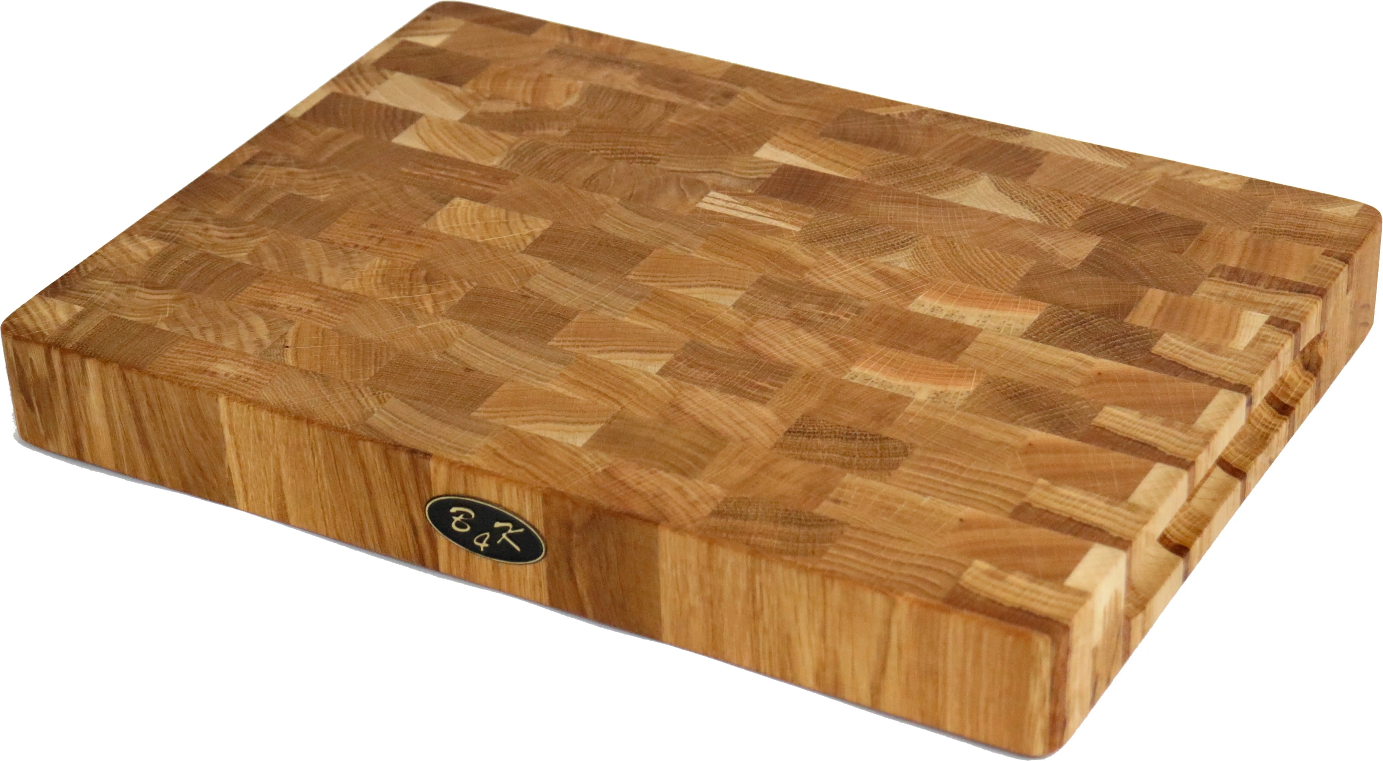 Profi-Stirnholz Küchenbrett Eiche 35x25x4 cm – Kombinierte Ansicht von oben und seitlich zur Darstellung der Materialstärke. Robuster Hackblock mit integrierten Griffen und rutschfesten Silikonfüßen.