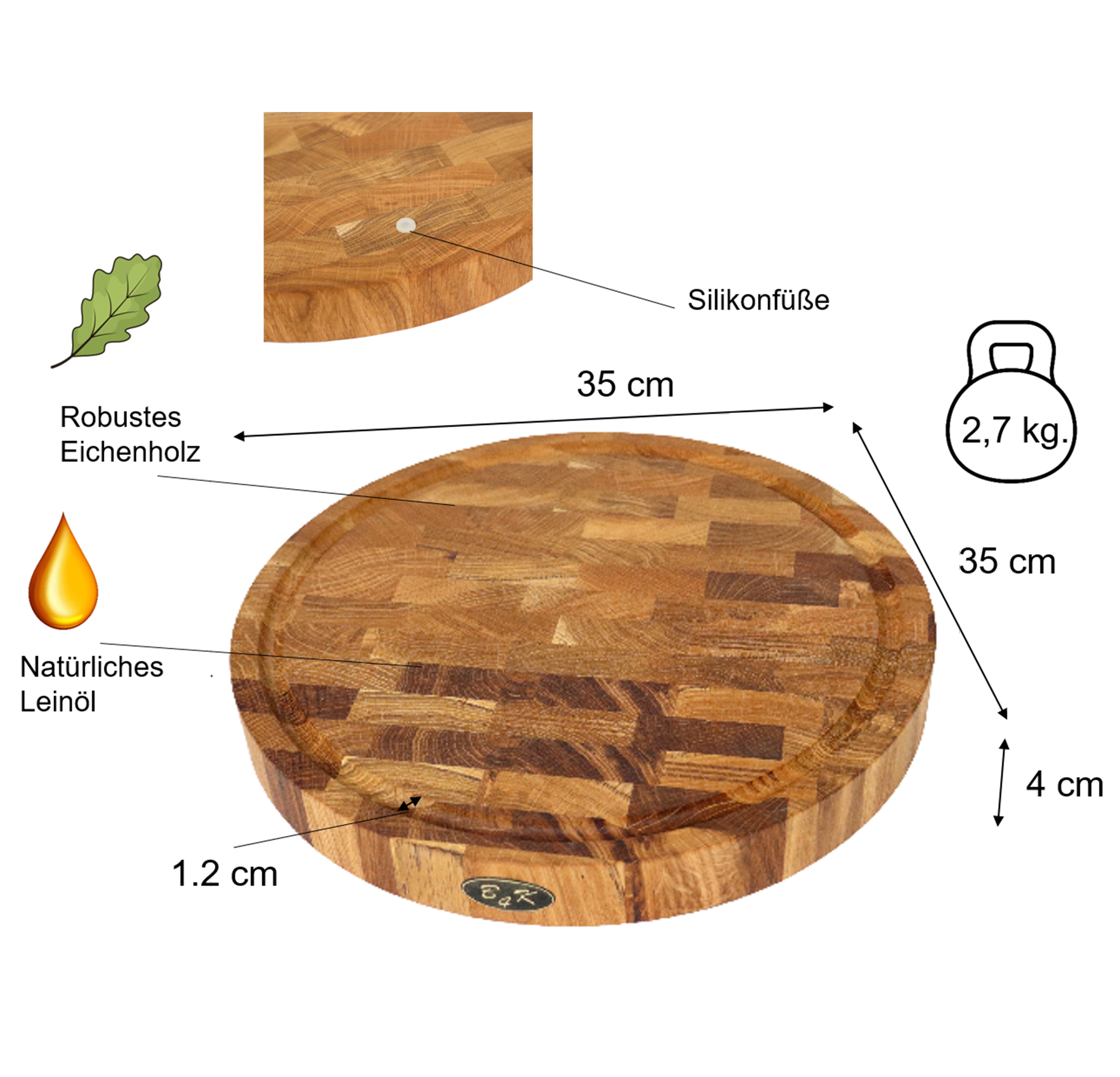 Rundes Stirnholzbrett Eiche ⌀ 35x4cm – Design Hackblock mit Saftrille