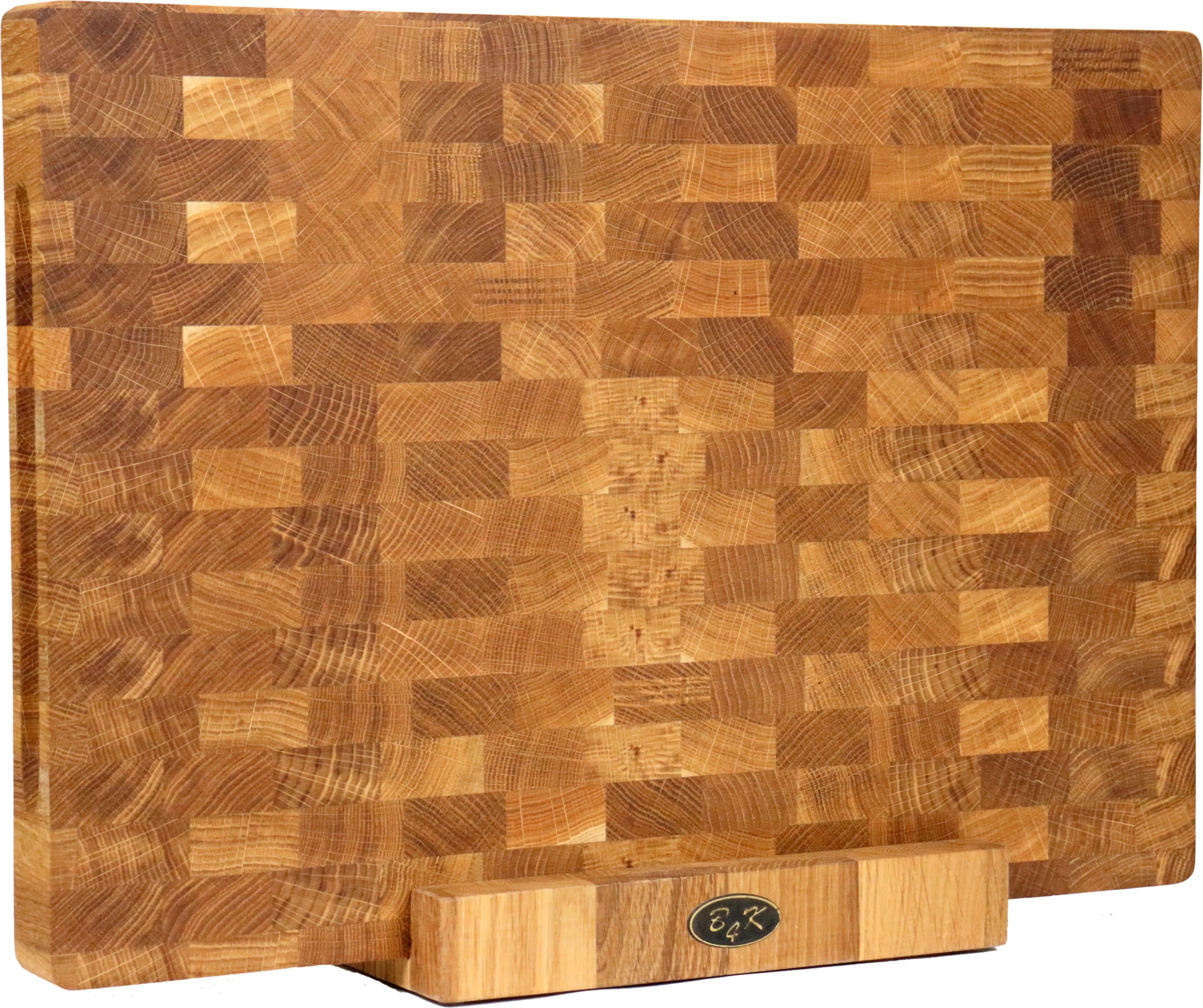 Profi-Hackblock Eiche 50x35 cm inklusive Ständer zur platzsparenden Aufbewahrung. Die Ansicht von oben und seitlich verdeutlicht die robuste Bauweise des Hirnholzbretts. Ideal für die moderne Profiküche.