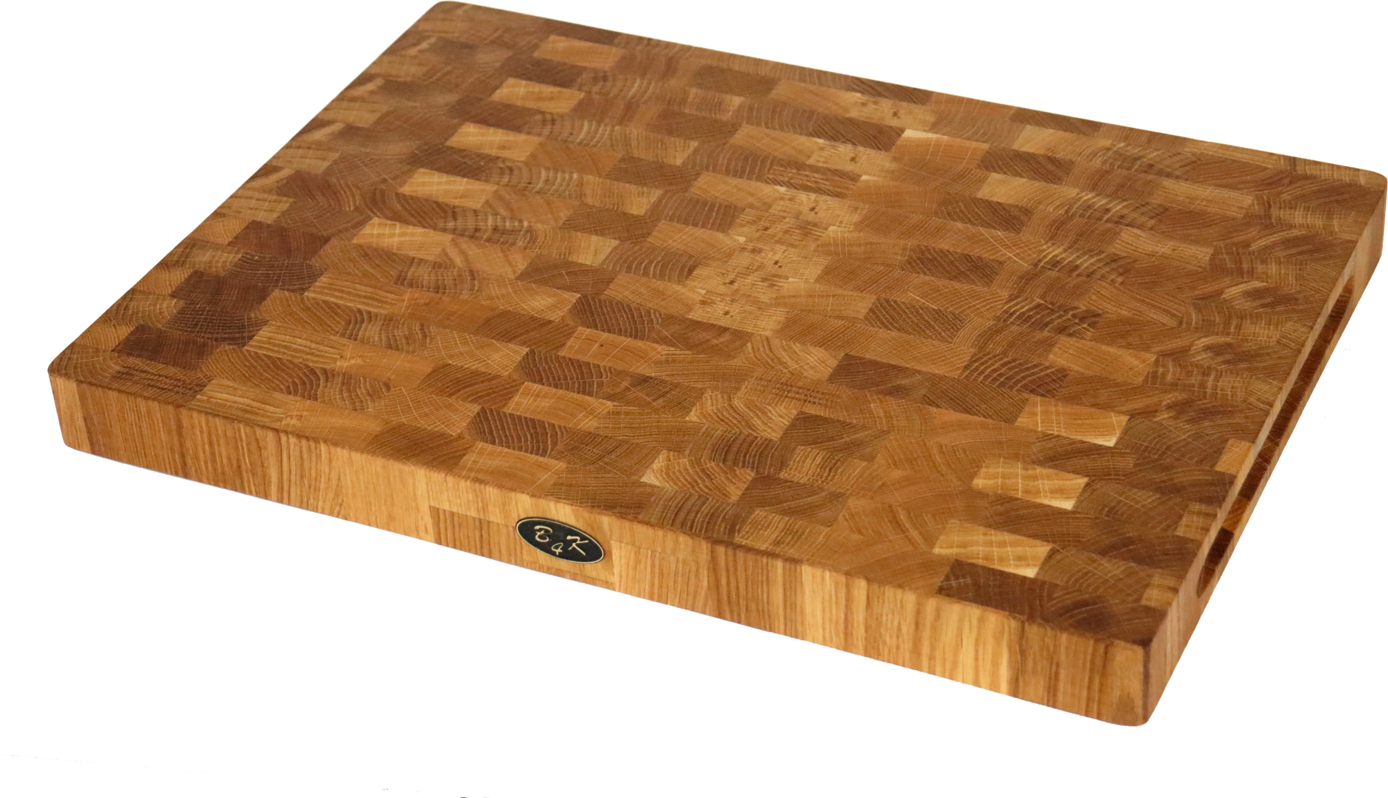 Profi-Stirnholz Schneidebrett aus Eiche 50x35x4 cm. Kombinierte Ansicht von oben und seitlich zur Darstellung der massiven Bauweise und Dicke. Hochwertiger B4K Hackblock mit integrierten Griffen und Silikonfüßen für höchste Stabilität.