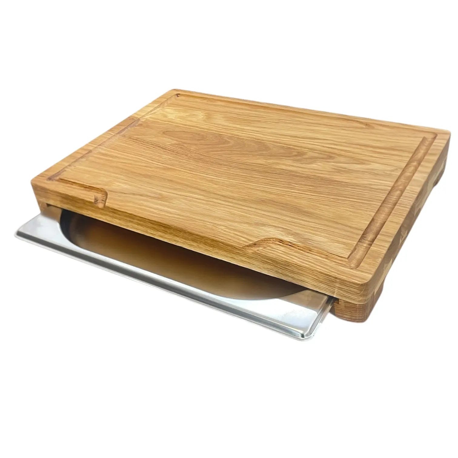 Schneidebrett aus massiver Eiche mit integrierter Edelstahl-Schublade – 37 x 27 x 4,2 cm – Hochwertiges Küchenbrett mit Saftrinne & Auffangschale – ca. 2 kg B4K