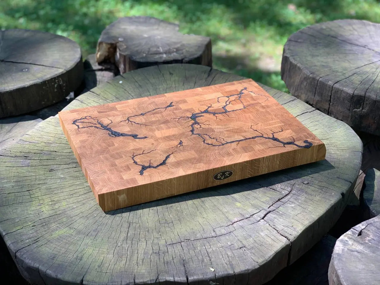 Lichtenberg-Blitze Designer 45x30x4cm Hackblock aus Eiche | Zweiseitig verwendbar | Handgemacht B4K